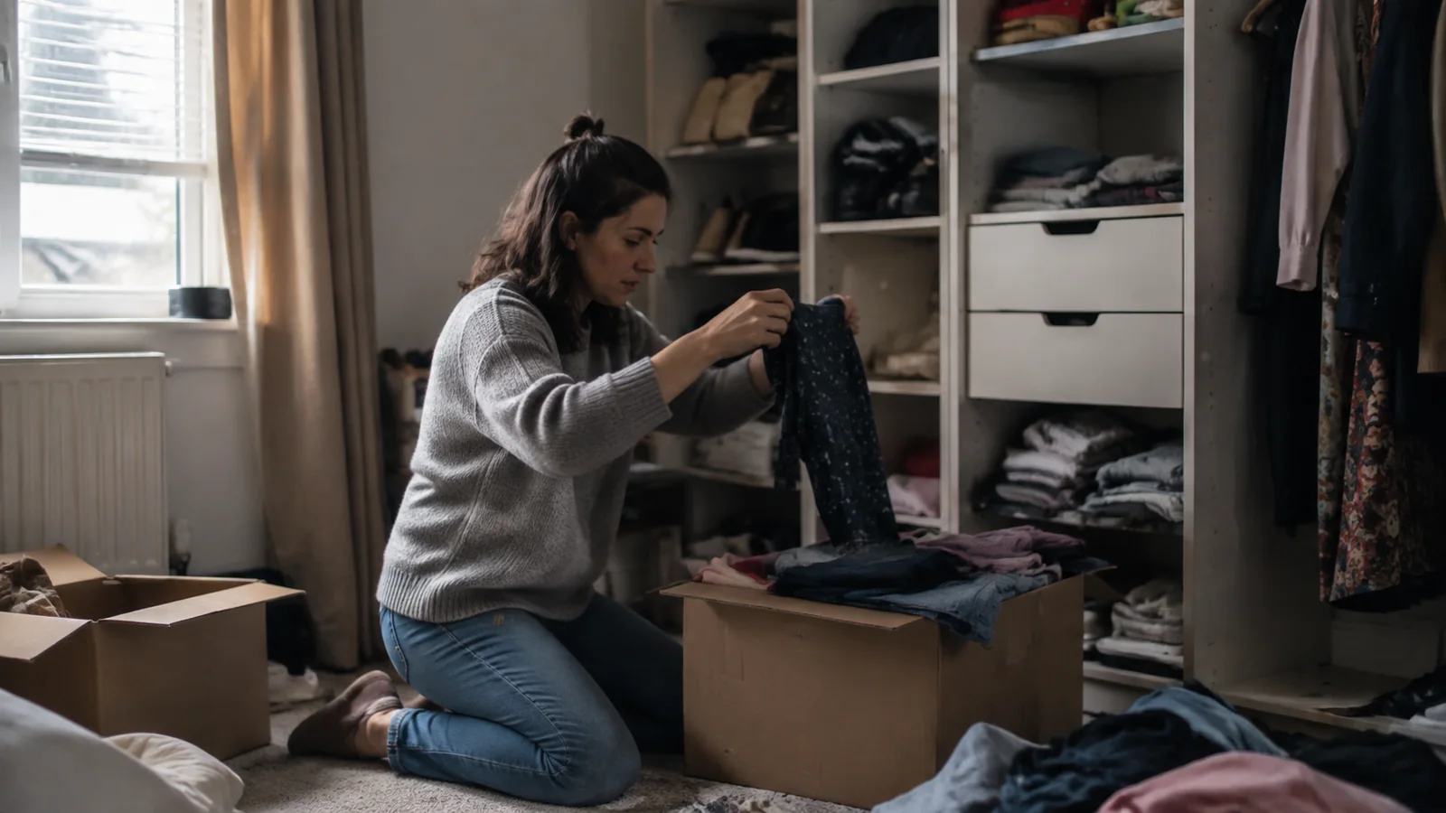Woman sorting clothing into a cardboard box beside an open wardrobe.