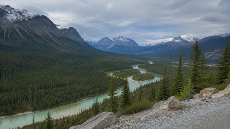 Turquoise river winds through evergreen forest beneath snow-streaked mountains.