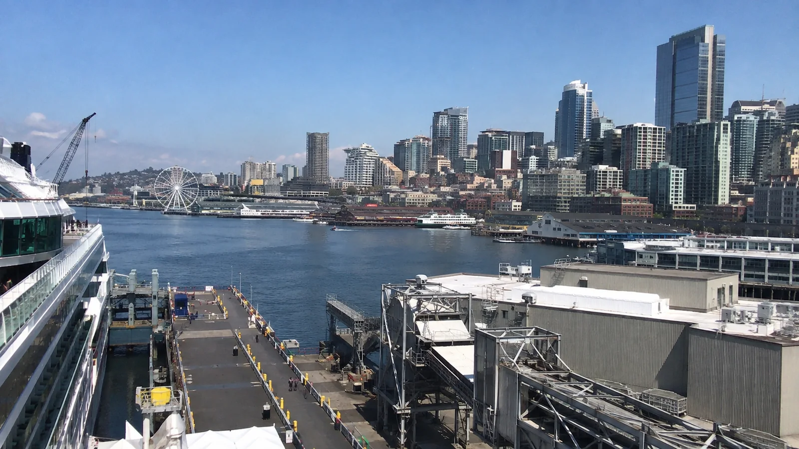 City skyline and cruise terminal viewed from a docked ship