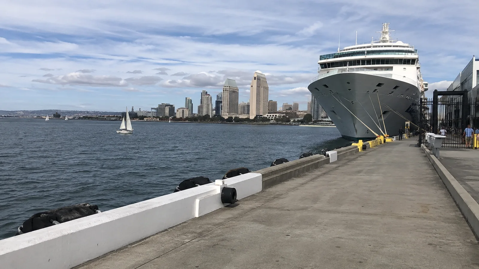Cruise ship docked beside a city waterfront
