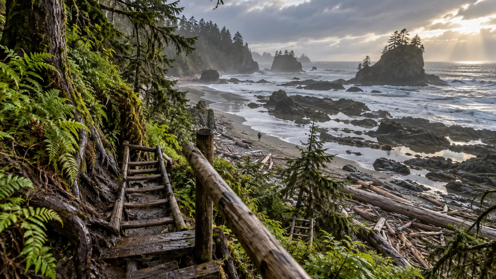 Wooden ladders on the West Coast Trail descending toward a rugged Vancouver Island beach.