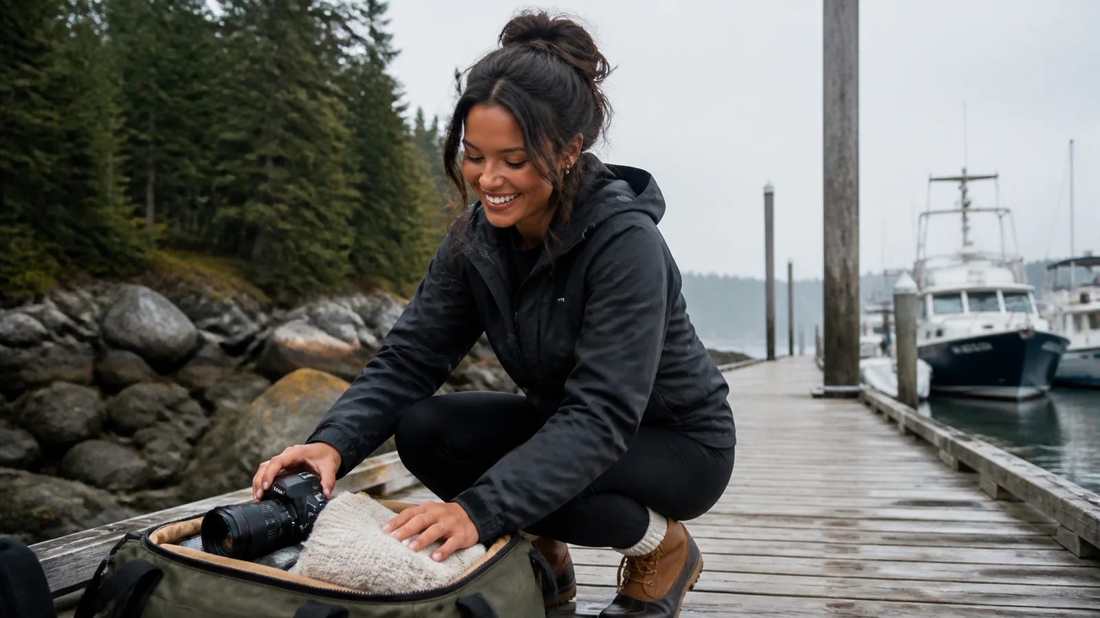 Woman packing binoculars and clothing into a bag on a wooden dock