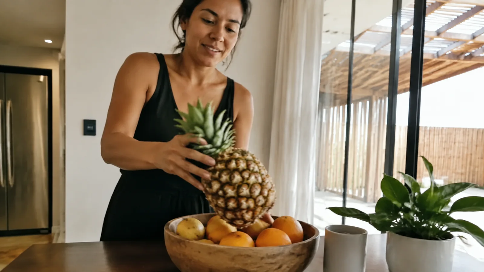 Woman placing a pineapple in a bowl of citrus fruit.