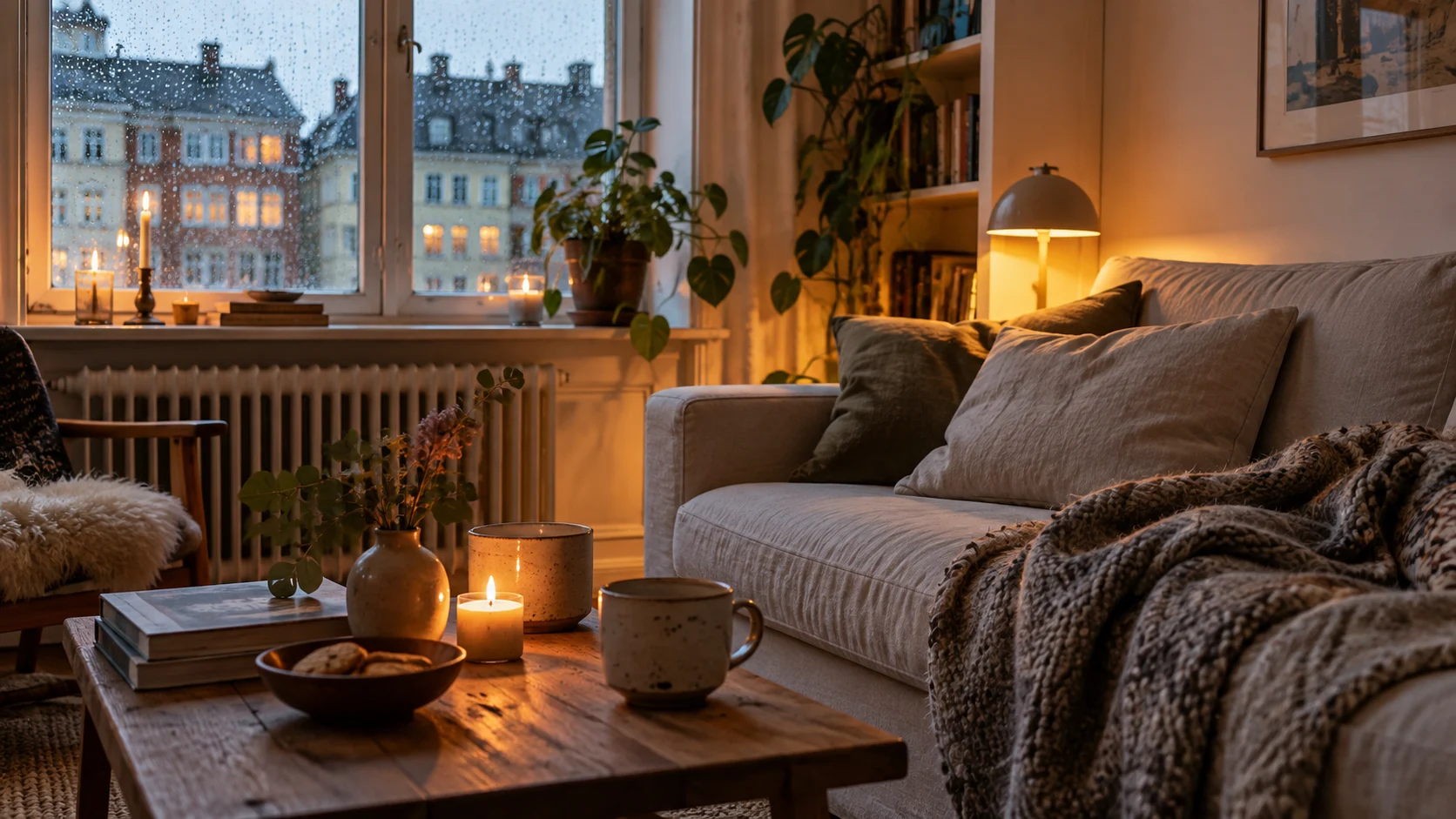 Cozy candlelit corner of a lived-in Danish apartment on a rainy day