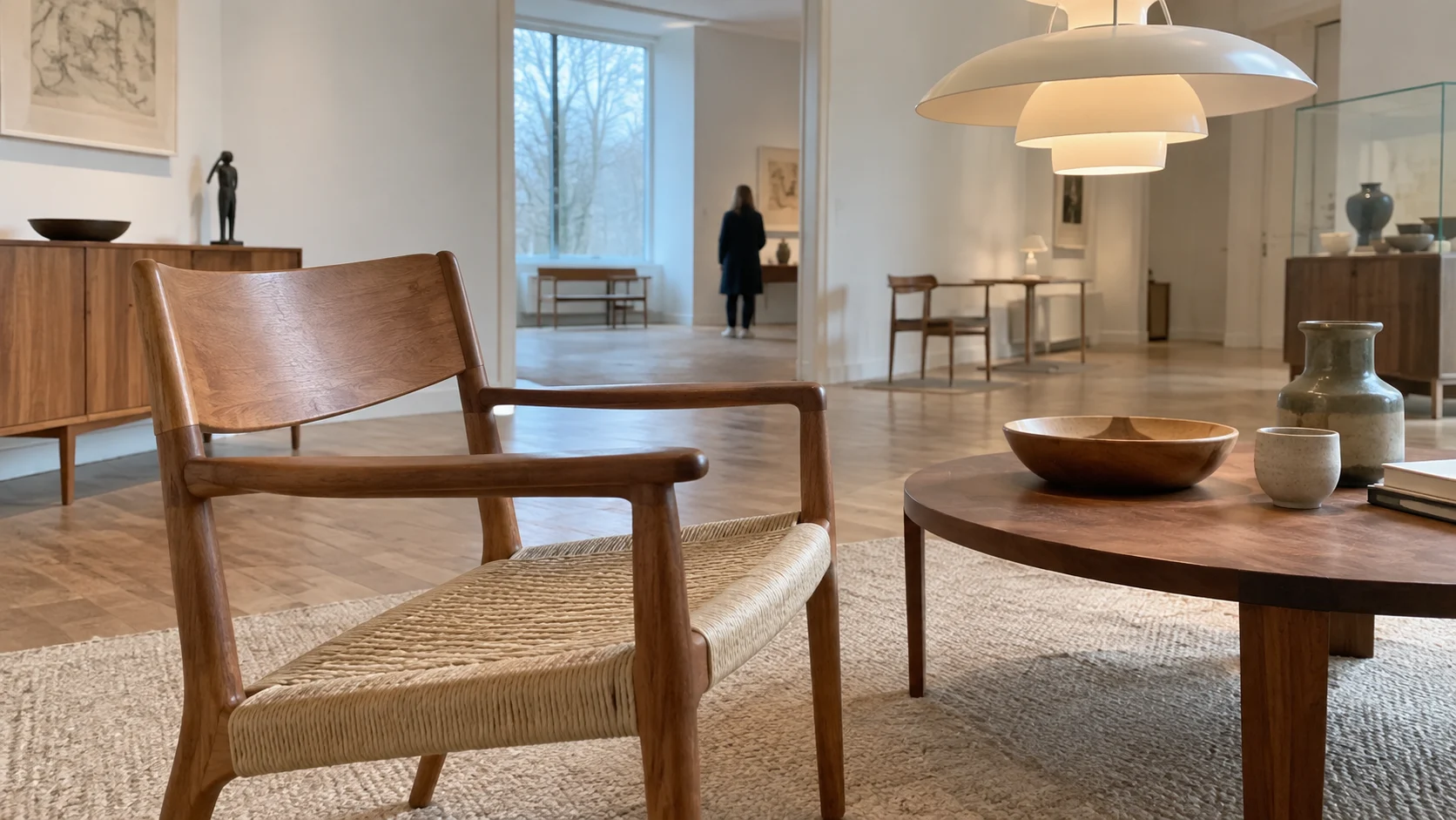 Functional Danish furniture and objects in a softly lit design museum