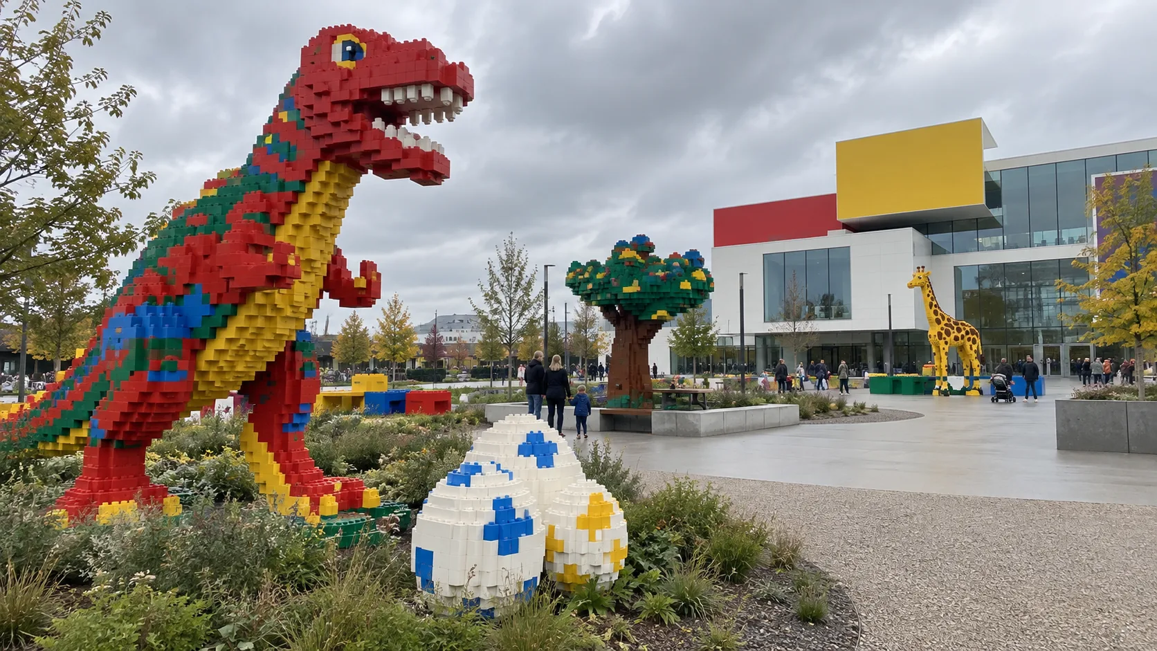 Colorful brick-built sculpture garden and modern architecture in Billund