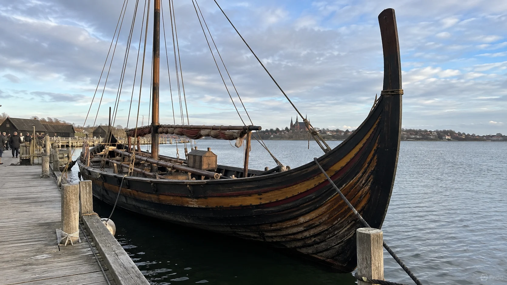 Reconstructed Viking longship moored on Roskilde Fjord in Denmark
