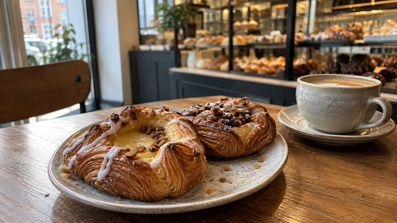 Flaky Danish wienerbrød pastries and coffee in a bakery