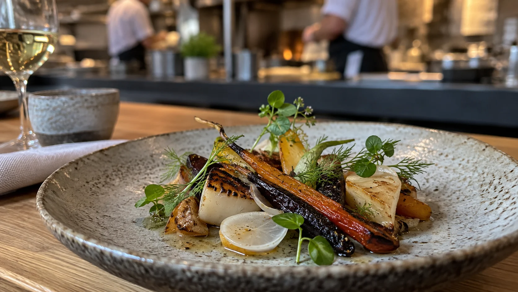 Seasonal New Nordic dish served on handmade ceramic tableware