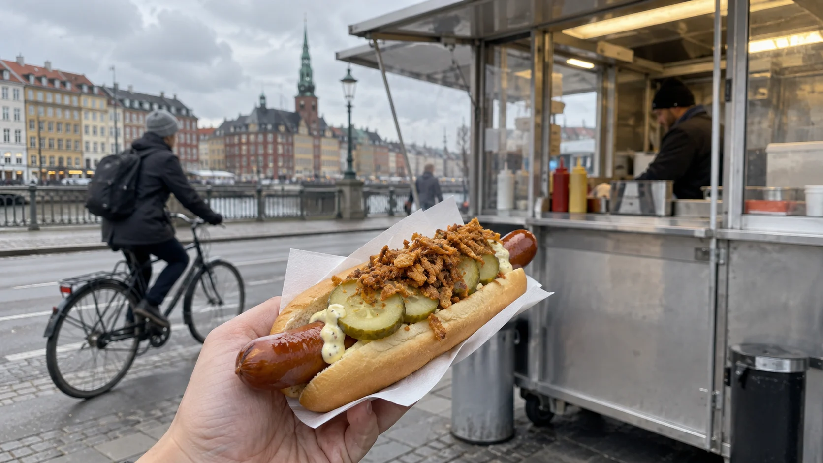 Danish hot dog with remoulade and crispy onions at a Copenhagen cart