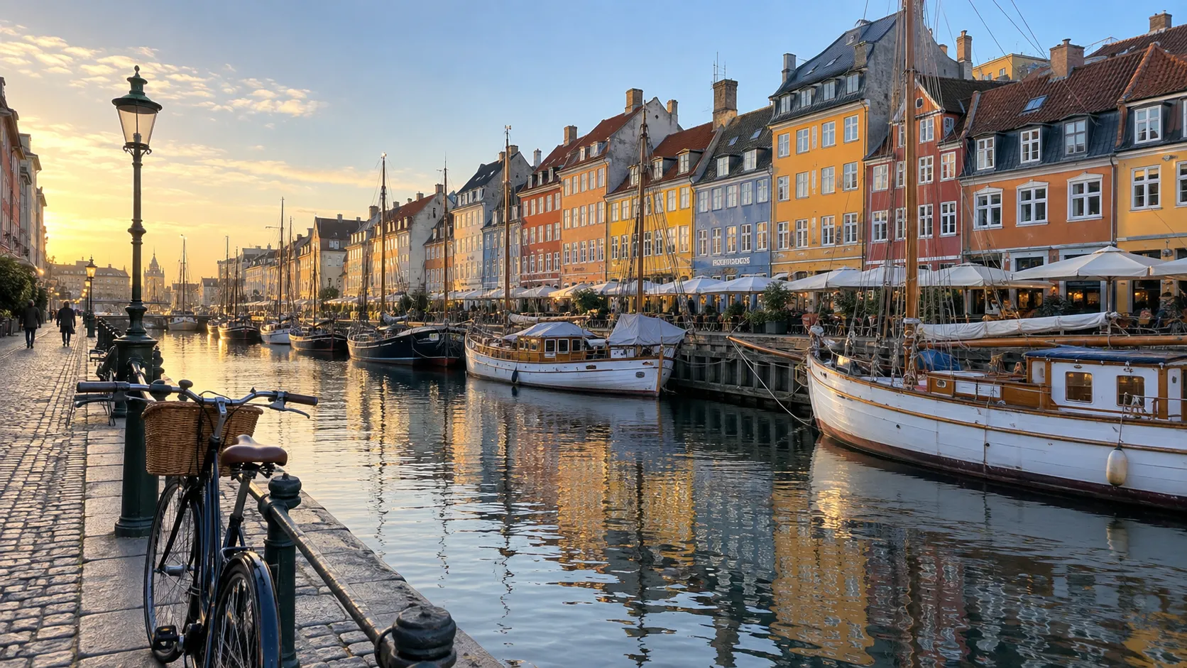 Colorful Nyhavn facades and wooden boats along Copenhagen's harbor