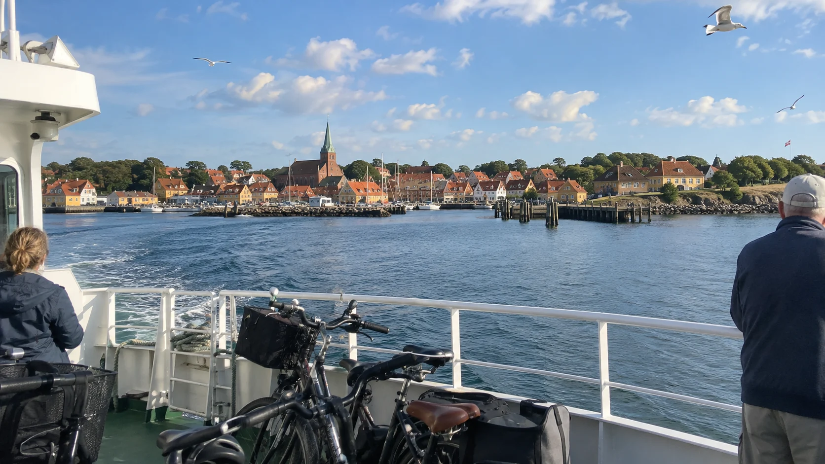 Danish island ferry approaching a red-roofed coastal town