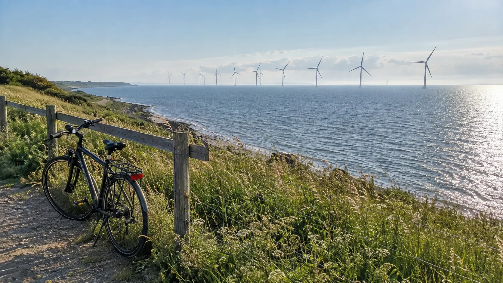 Offshore wind turbines viewed from a Danish coastal bicycle path