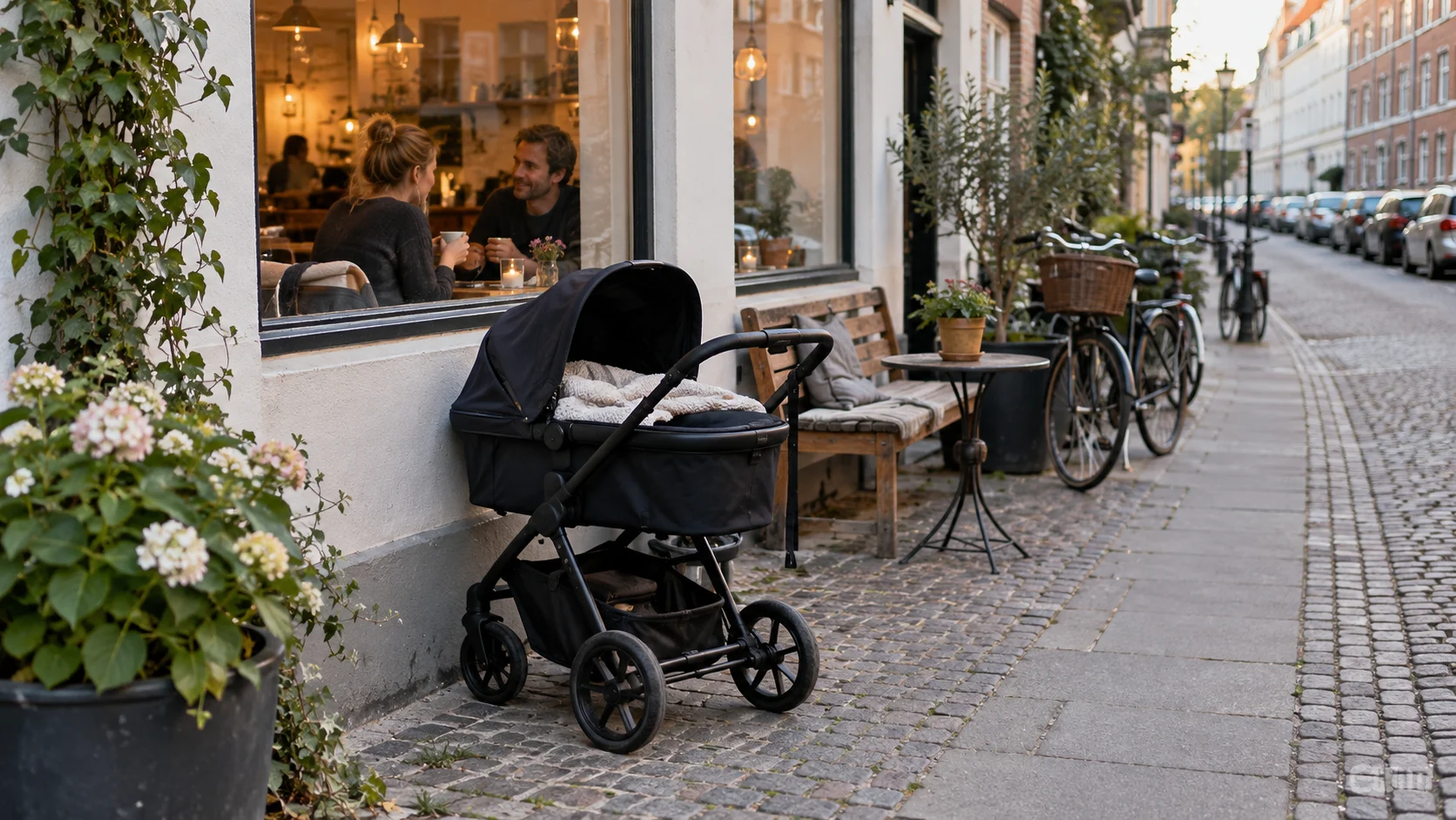Baby carriage outside a Copenhagen café on a calm residential street