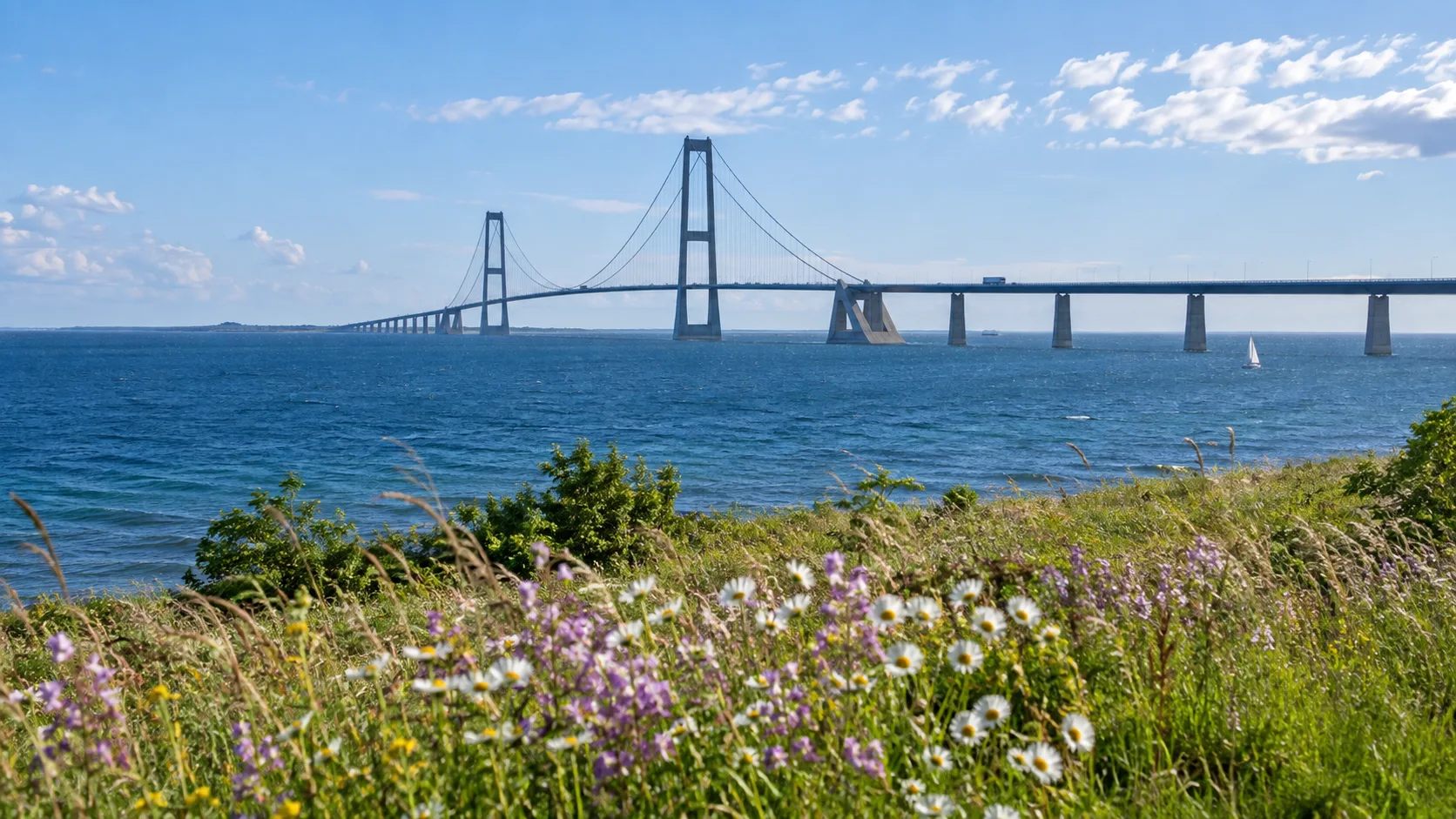 Great Belt Bridge crossing blue water off the Danish coast