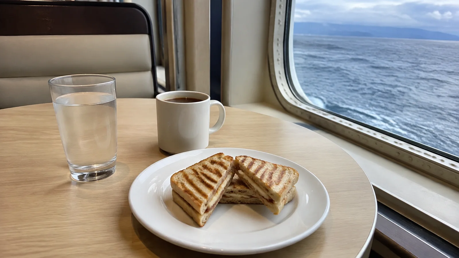 Toasted sandwich, water and coffee sit beside an ocean window.