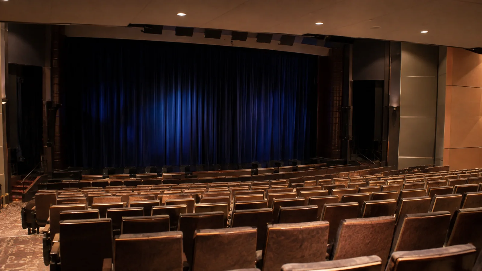 Rows of empty theater seats face a blue-curtained stage.