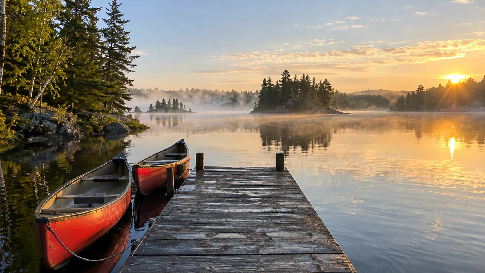 Red canoes beside a misty forest lake in Minnesota