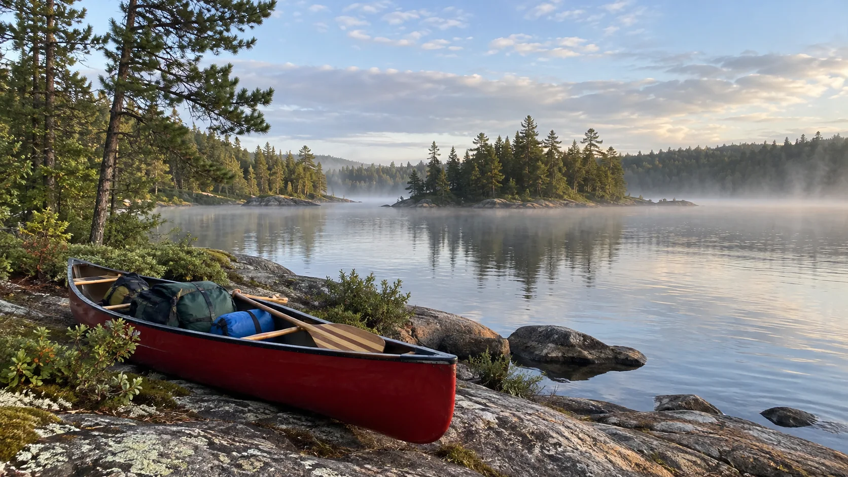 Loaded canoe on a misty Boundary Waters lake in northern Minnesota