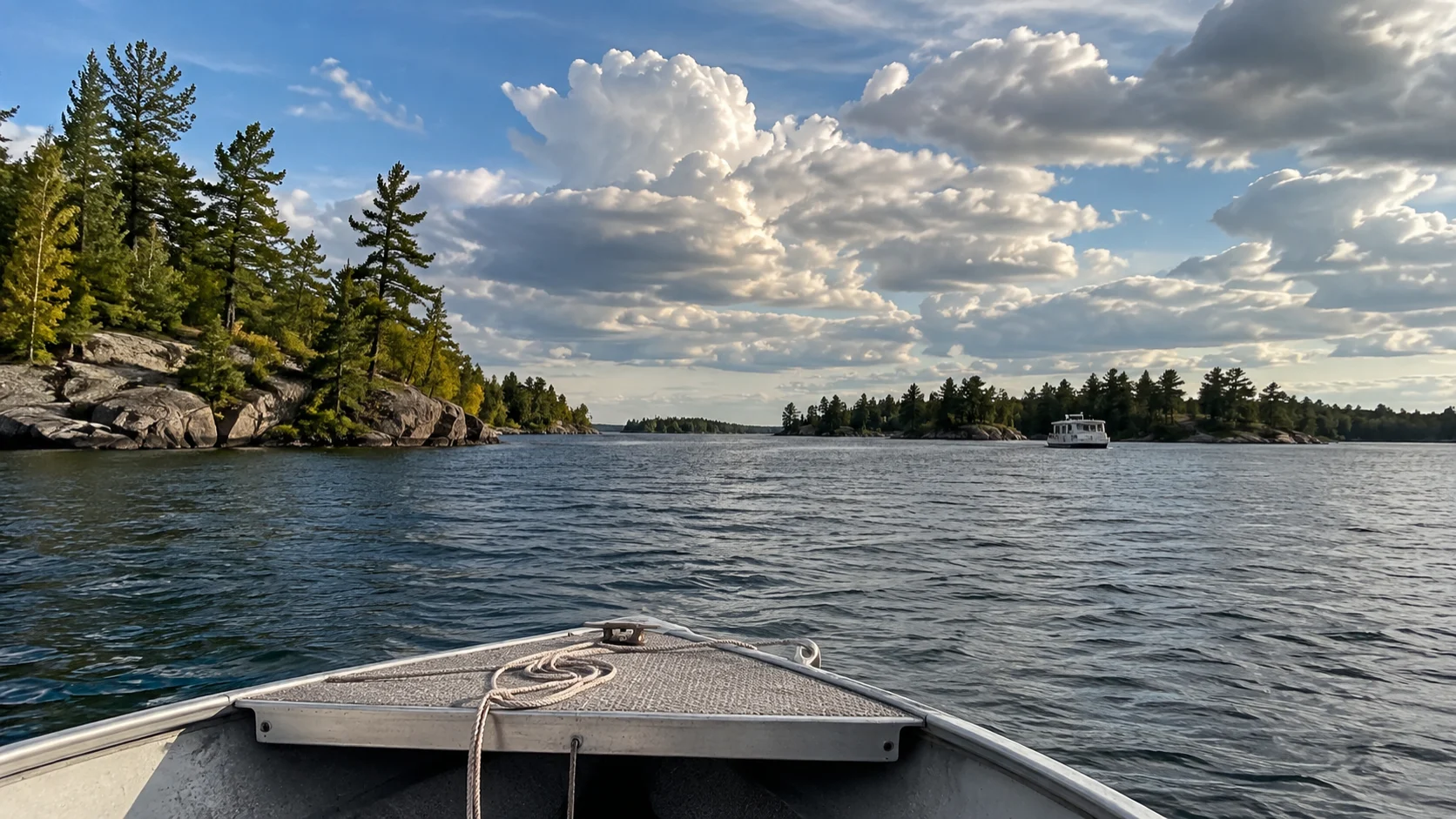 Island-dotted lake viewed from a boat in Voyageurs National Park