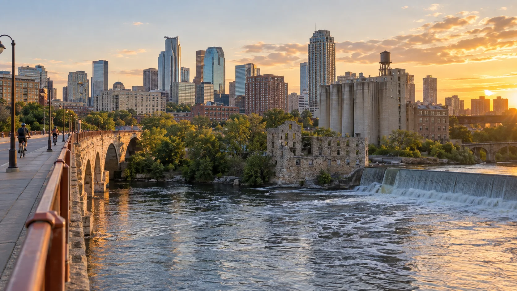 Minneapolis skyline and historic mill ruins beside the Mississippi River