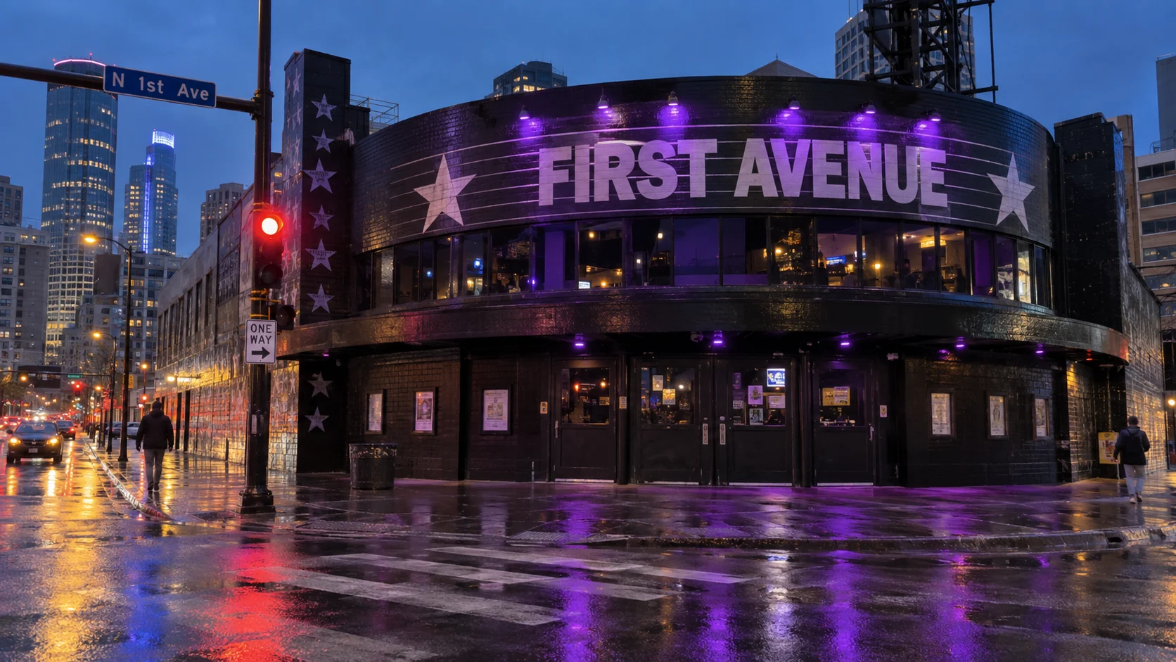 Purple-lit music venue exterior in downtown Minneapolis at blue hour