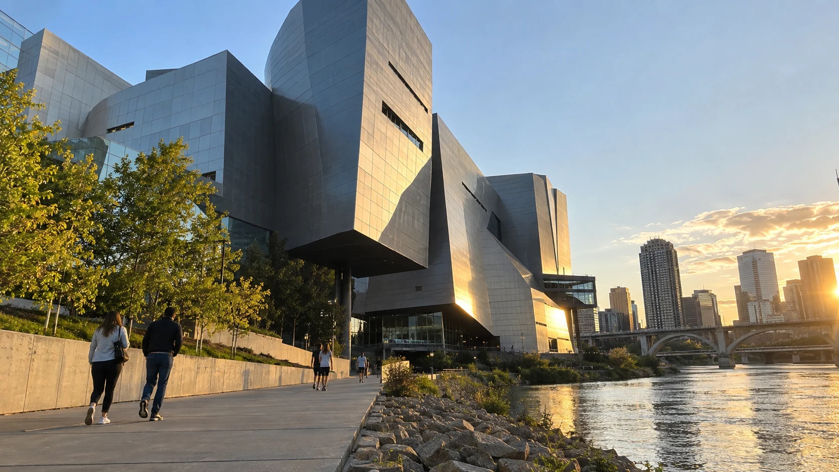 Modern Minneapolis theater architecture near the Mississippi riverfront
