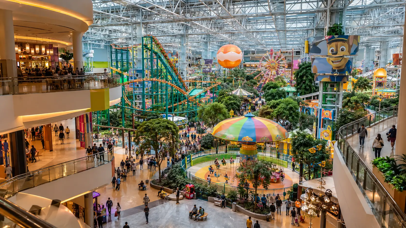 Multi-level atrium and indoor amusement rides at Mall of America