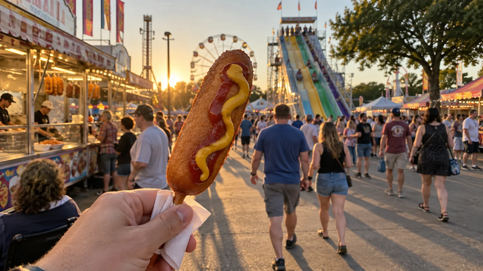 Corn dog held above the busy Minnesota State Fair grounds