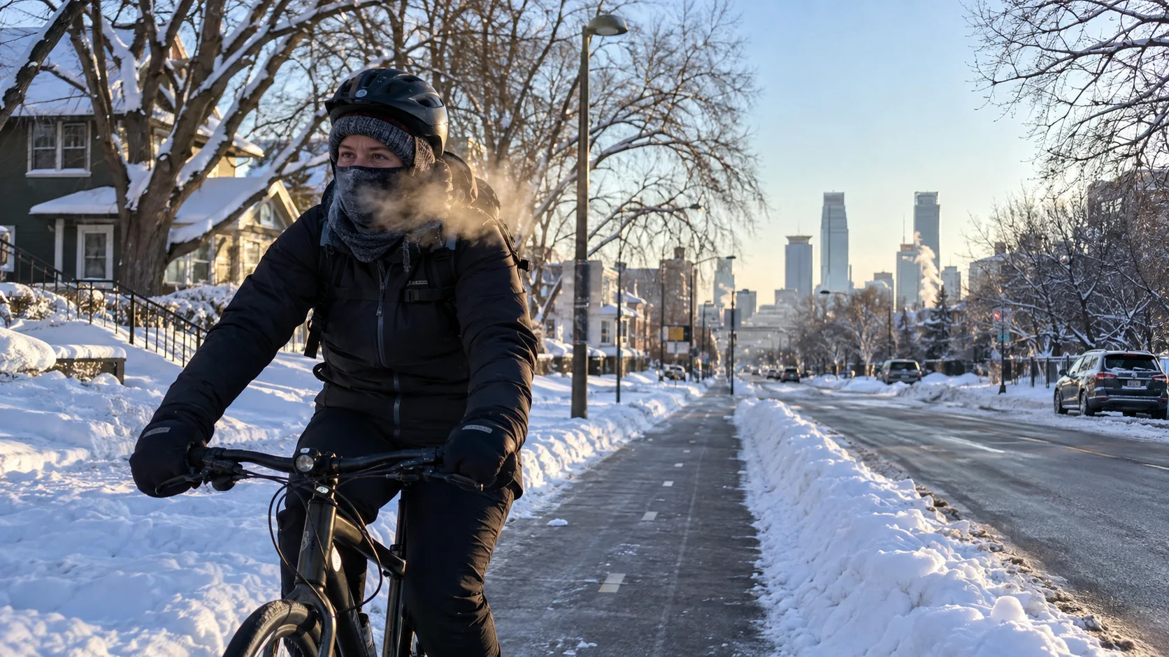 Cyclist commuting on a snowy Minnesota city street