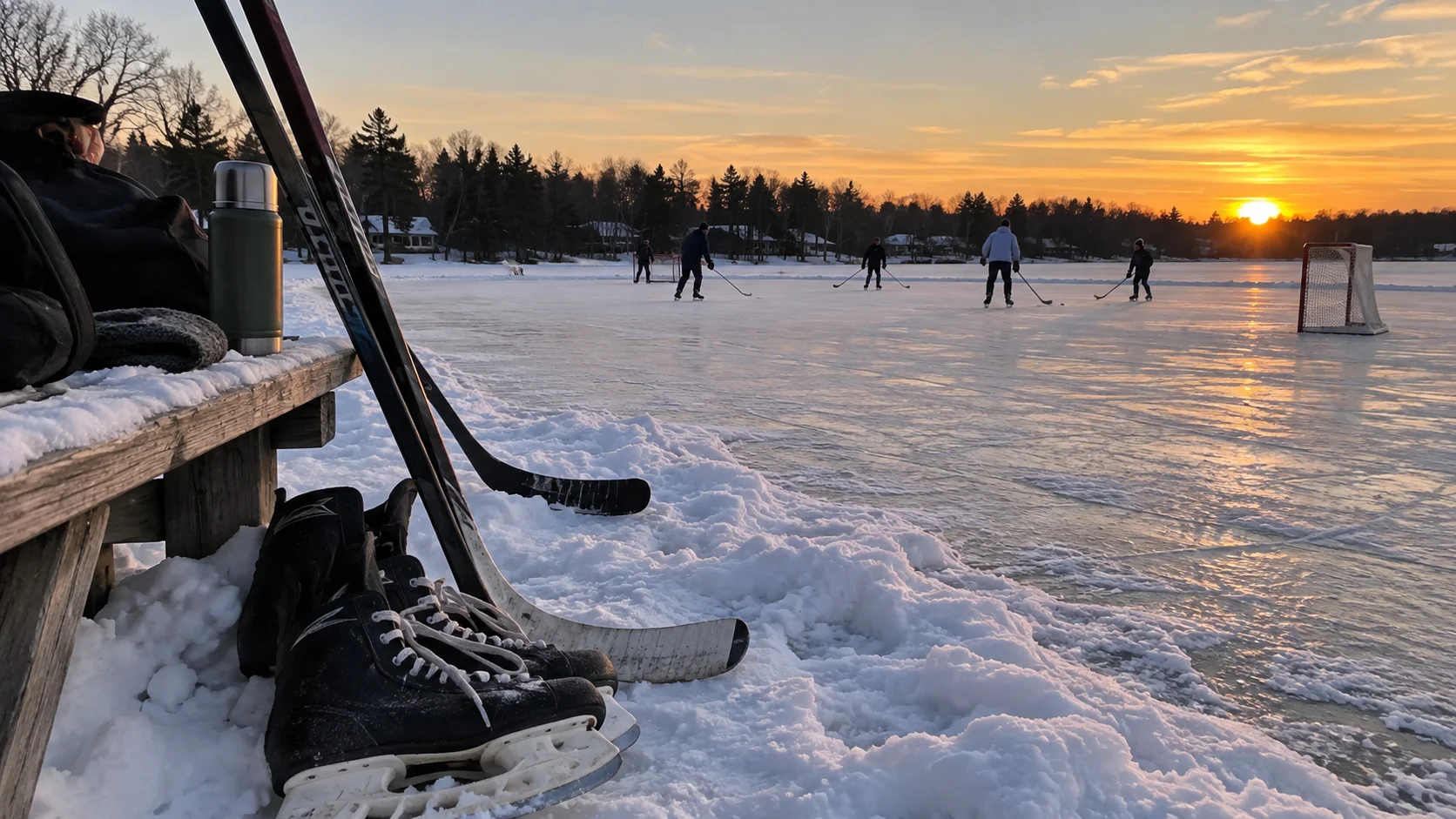 Skates and sticks beside an outdoor Minnesota pond hockey rink