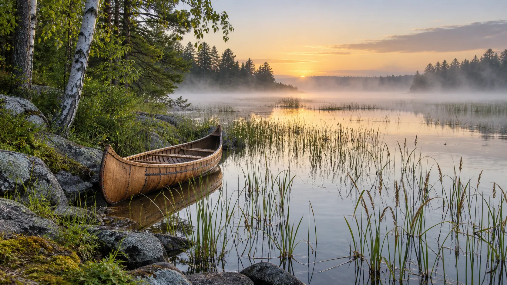 Wild rice and an empty wooden canoe on calm northern Minnesota water