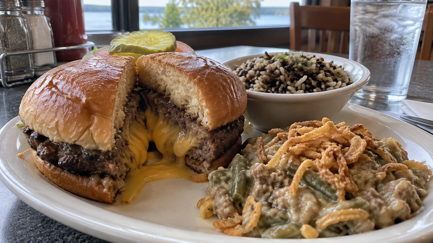 Juicy Lucy burger, wild rice, and hotdish on a Minnesota diner table