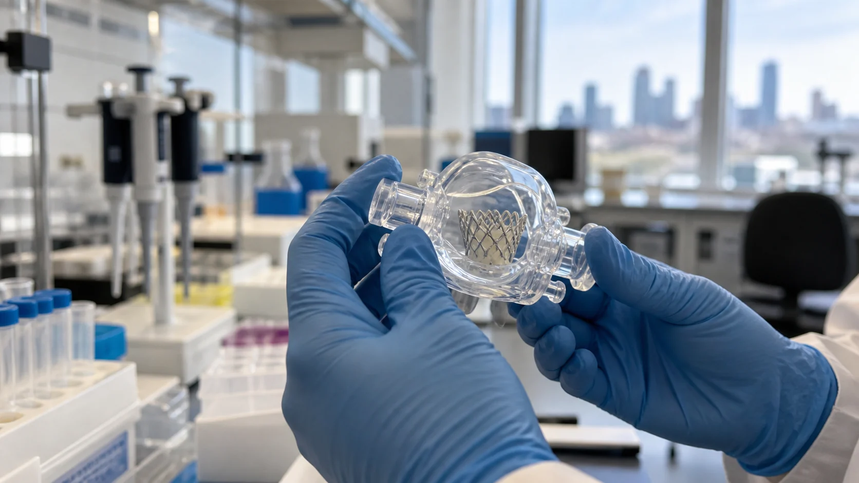 Researcher examining a medical prototype in a modern laboratory