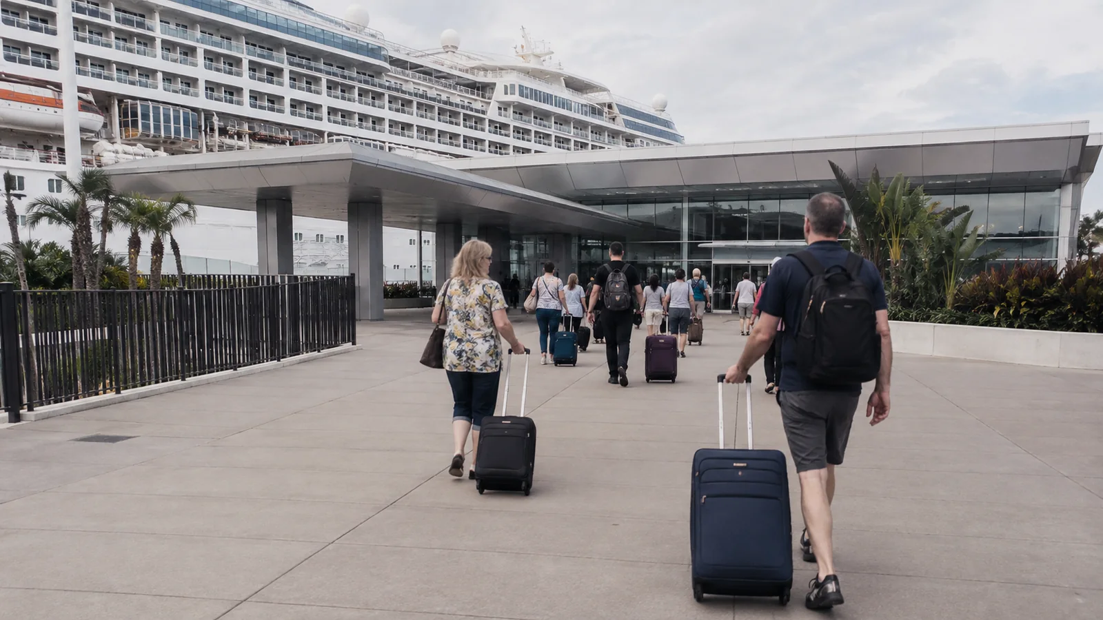 Travelers pull suitcases toward a terminal entrance beside a large cruise ship.