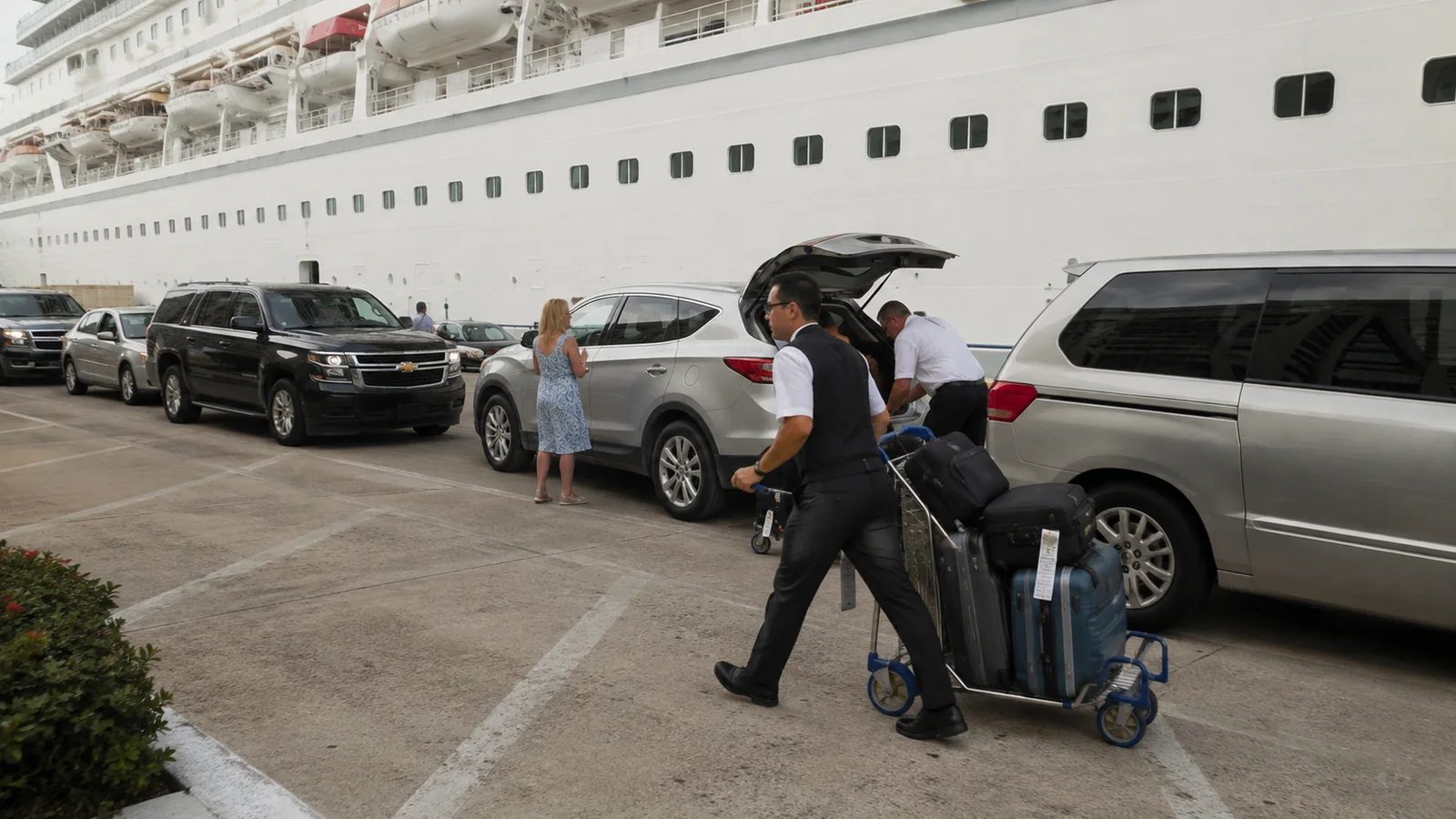 Cars and travelers with luggage line the curb beside a cruise ship.