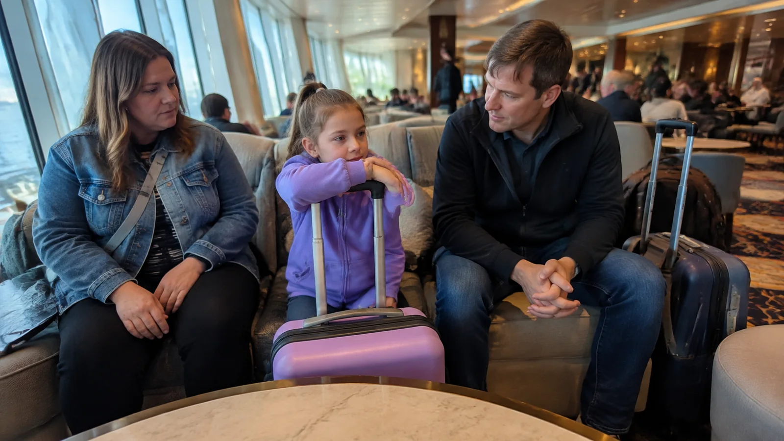 Family sits in a lounge with a child's purple suitcase.