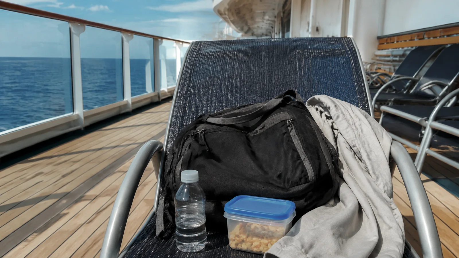 Daypack, jacket, water and snacks rest on a deck chair.