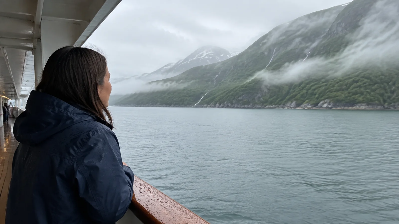 Passenger in a rain jacket looking across a misty fjord.