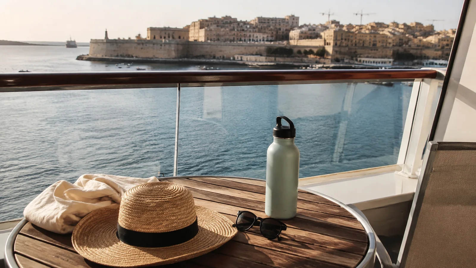 Sunhat, sunglasses and water bottle on a balcony table overlooking a fortified harbor.