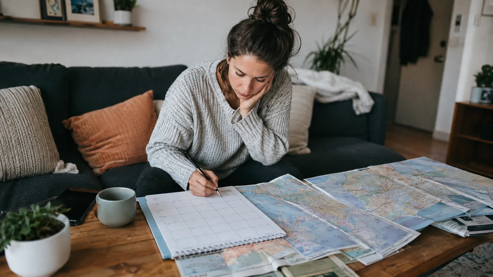Woman planning a trip with a notebook and maps at home.