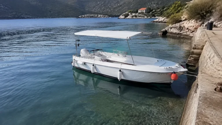Small covered motorboat floats beside a stone waterfront wall.