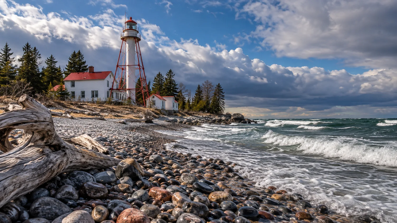 Whitefish Point's white tower and red steel bracing overlook a wave-washed Lake Superior beach.