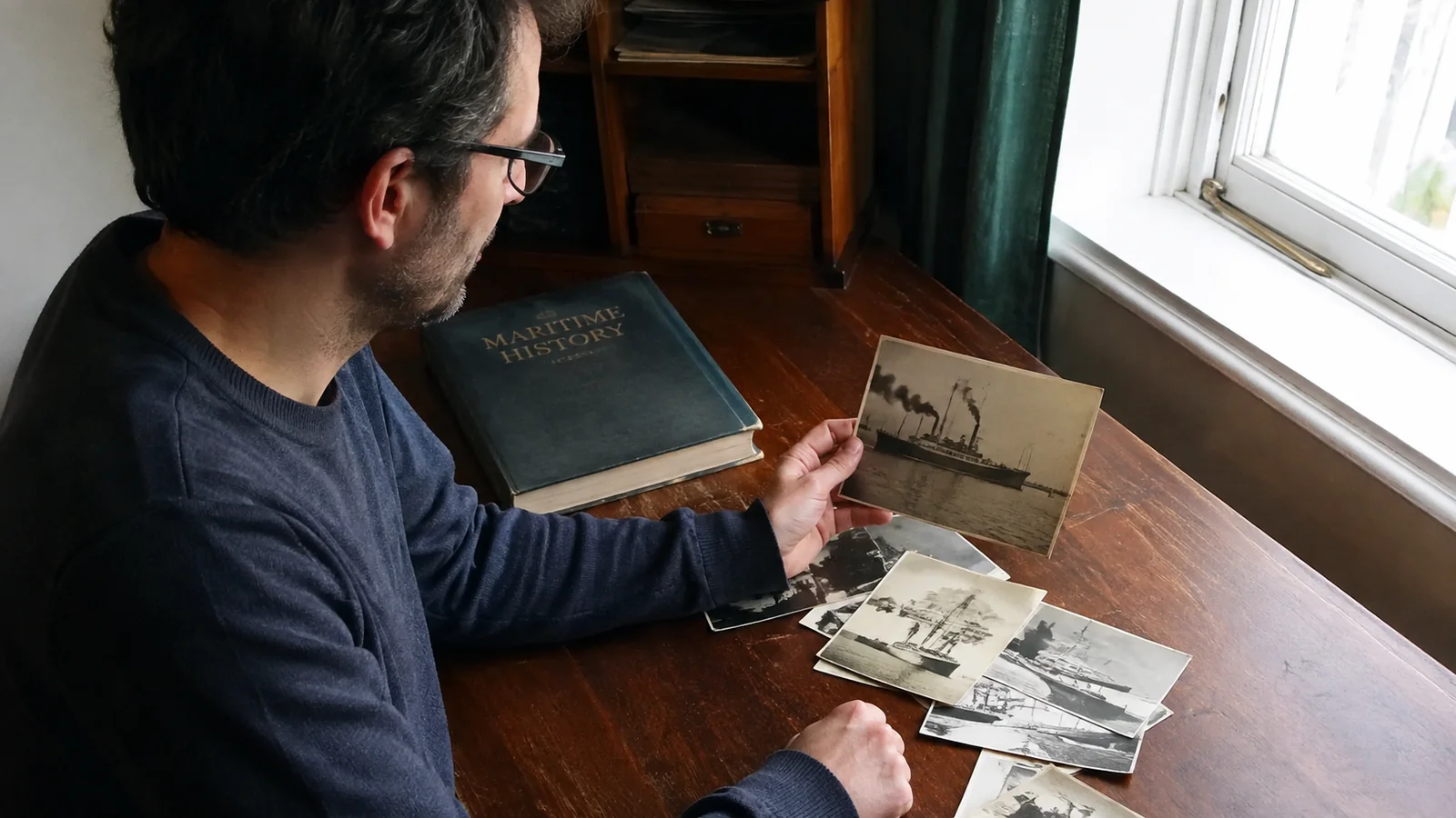 Person examining historic ship photographs beside a maritime book.