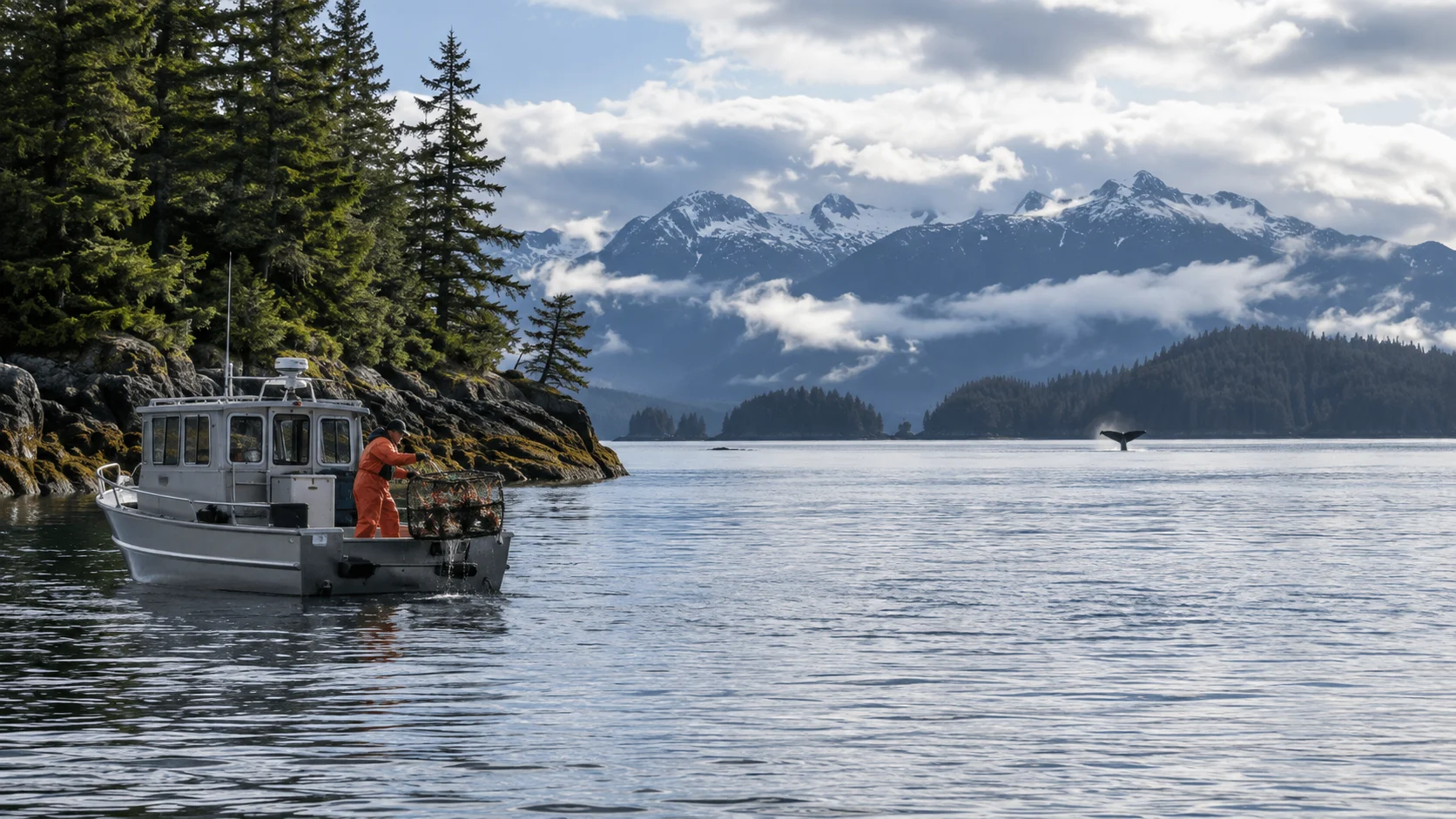 Crew member lifting a crab pot as a whale dives in the distance near Ketchikan
