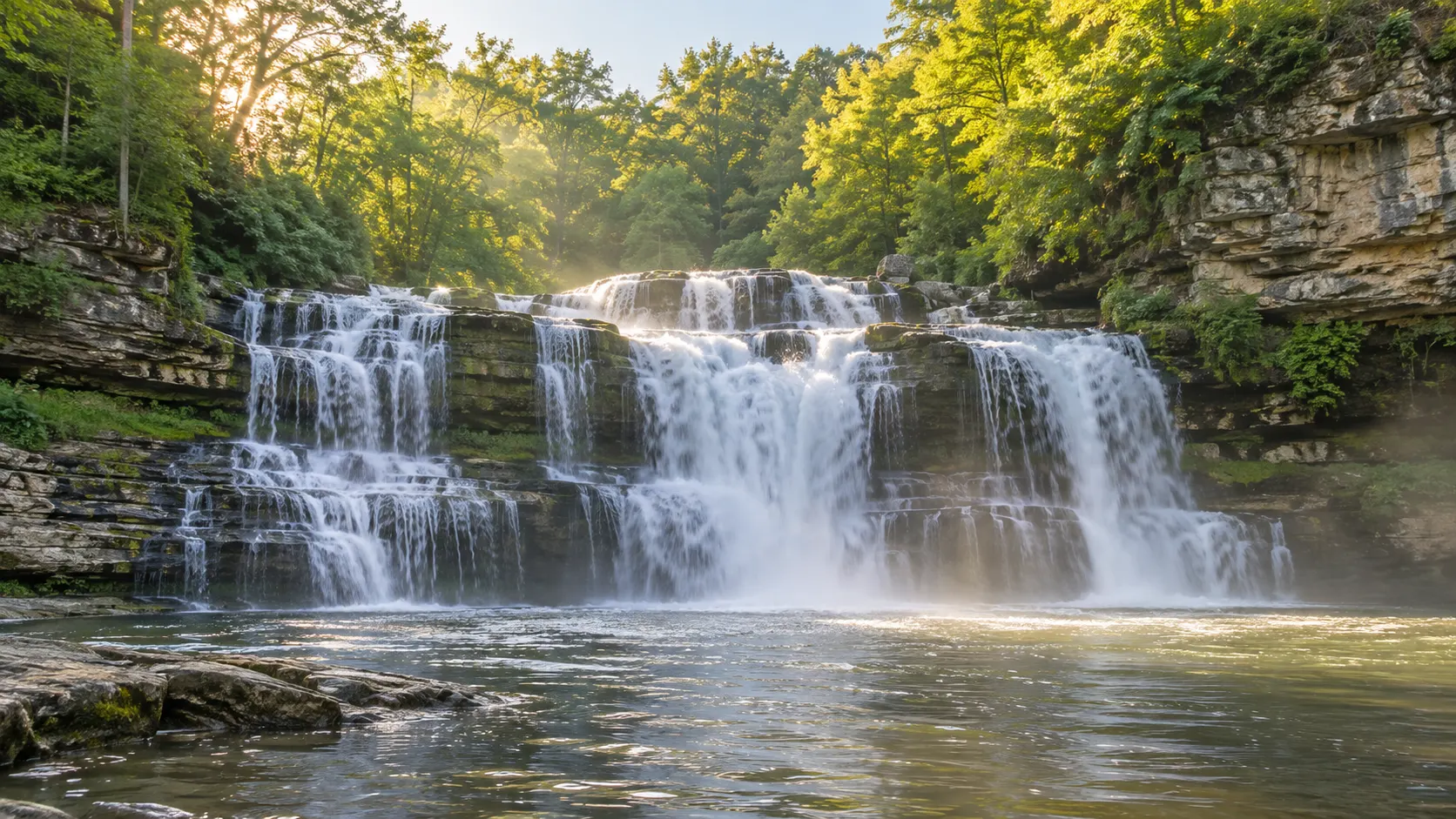 Willow Falls cascading across wide limestone tiers into a tranquil pool surrounded by summer forest.