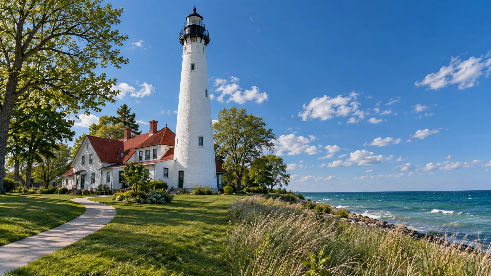 White Wind Point Lighthouse rising above the green lakeshore near Racine, Wisconsin