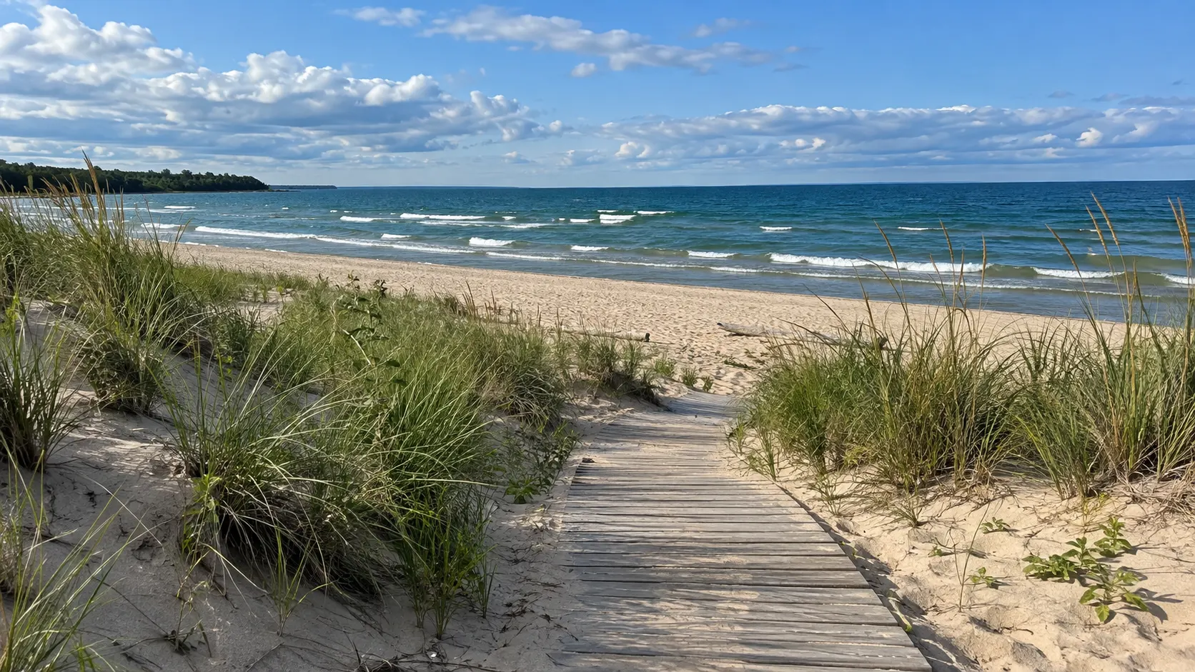 Wooden cordwalk crosses grassy dunes toward the sandy Lake Michigan beach at Kohler-Andrae State Park.