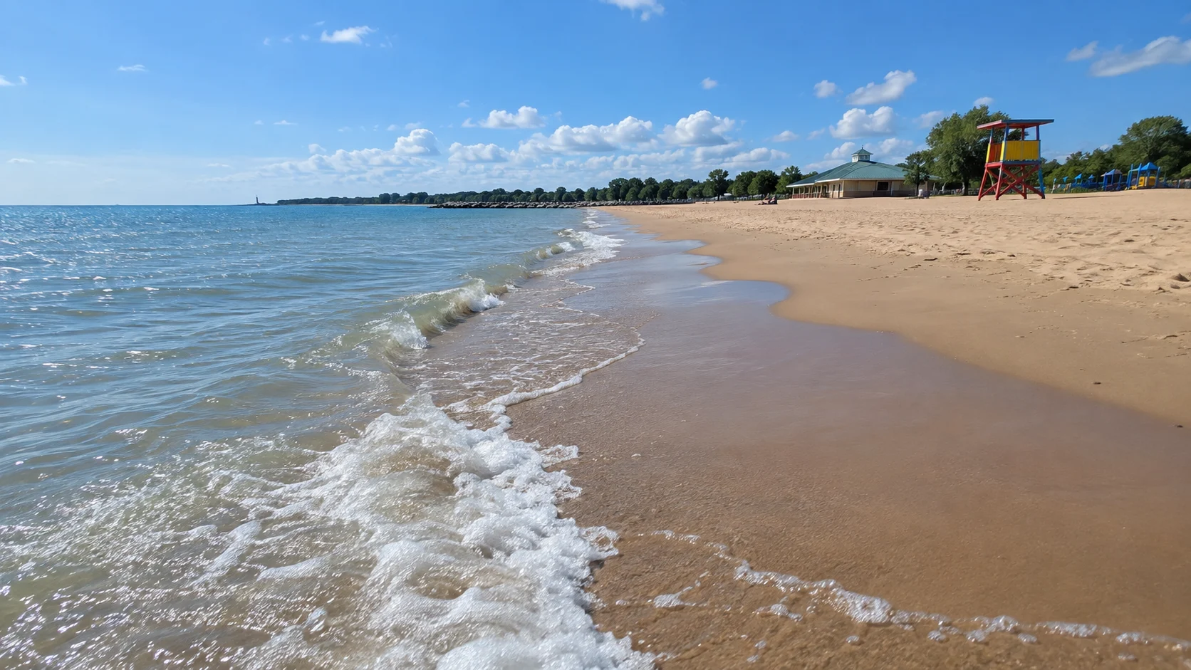 Small waves reach the broad sand at North Beach in Racine near a colorful lifeguard tower and pavilion.