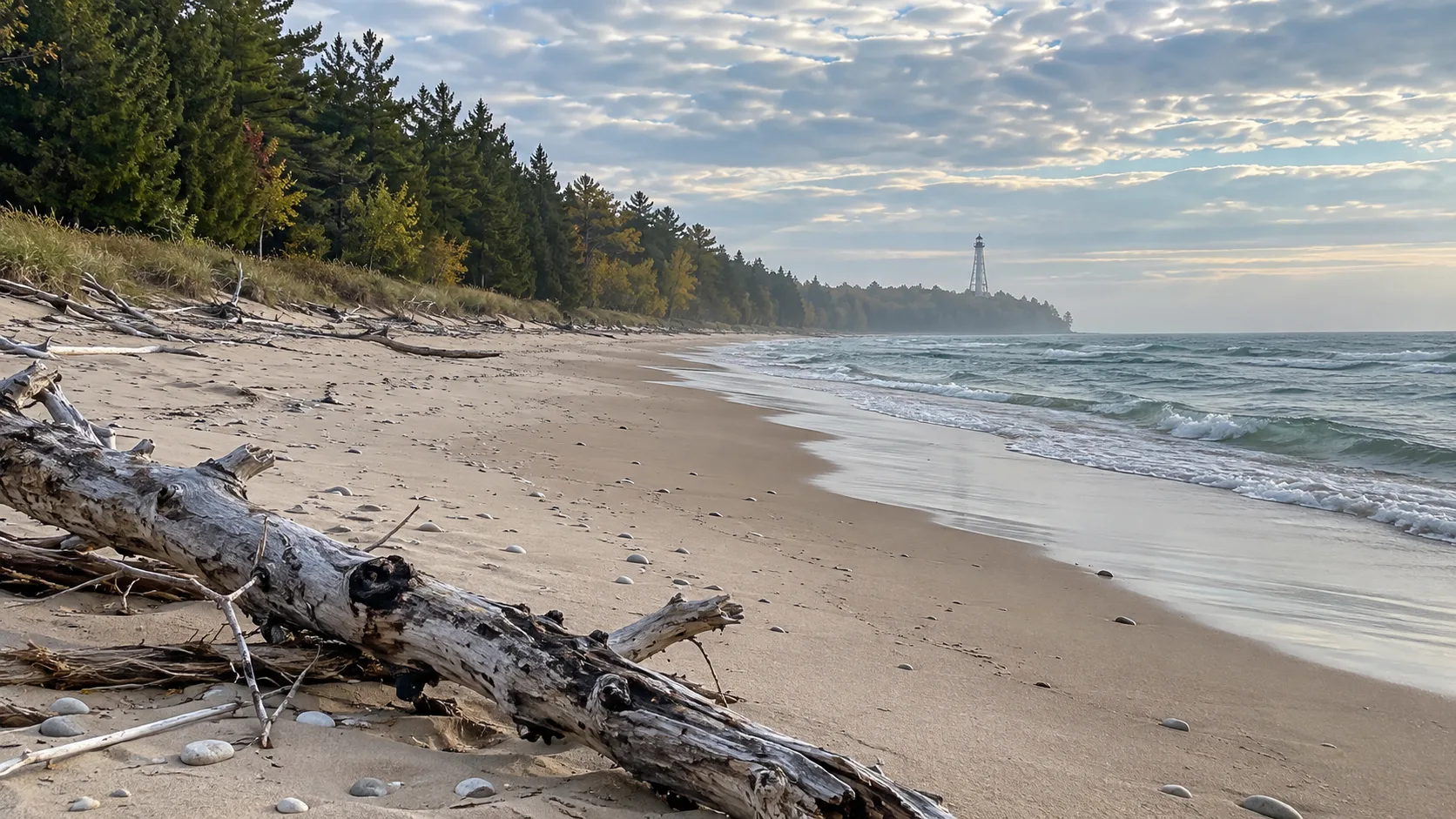 Driftwood rests on the quiet Lake Michigan shore at Point Beach with Rawley Point Lighthouse in the distance.